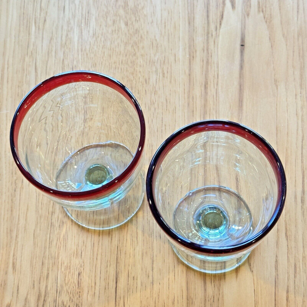 Wine Sangria Glasses Red Rim Mexican Hand Blown Thick Glass Set/2 Barwar… - Picture 2 of 6